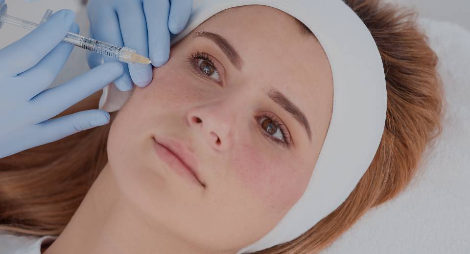 A woman wearing a head bandana undergoing Botulinum Toxin Type A treatment.